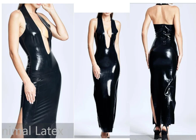 Black latex halter gown selected as an adaptable product base